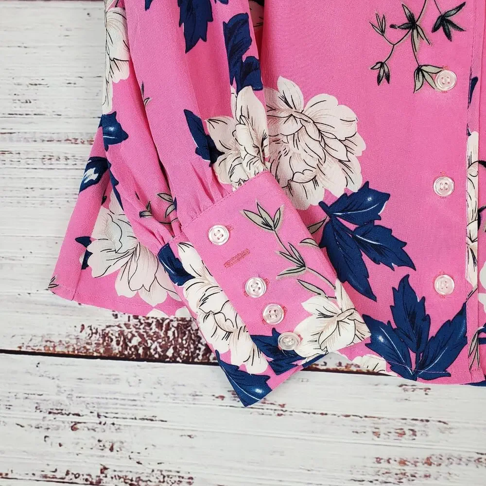 Yumi Kim Velvet Morning Hot Pink Floral Blouse S Silky Puff Sleeves Tropical Top